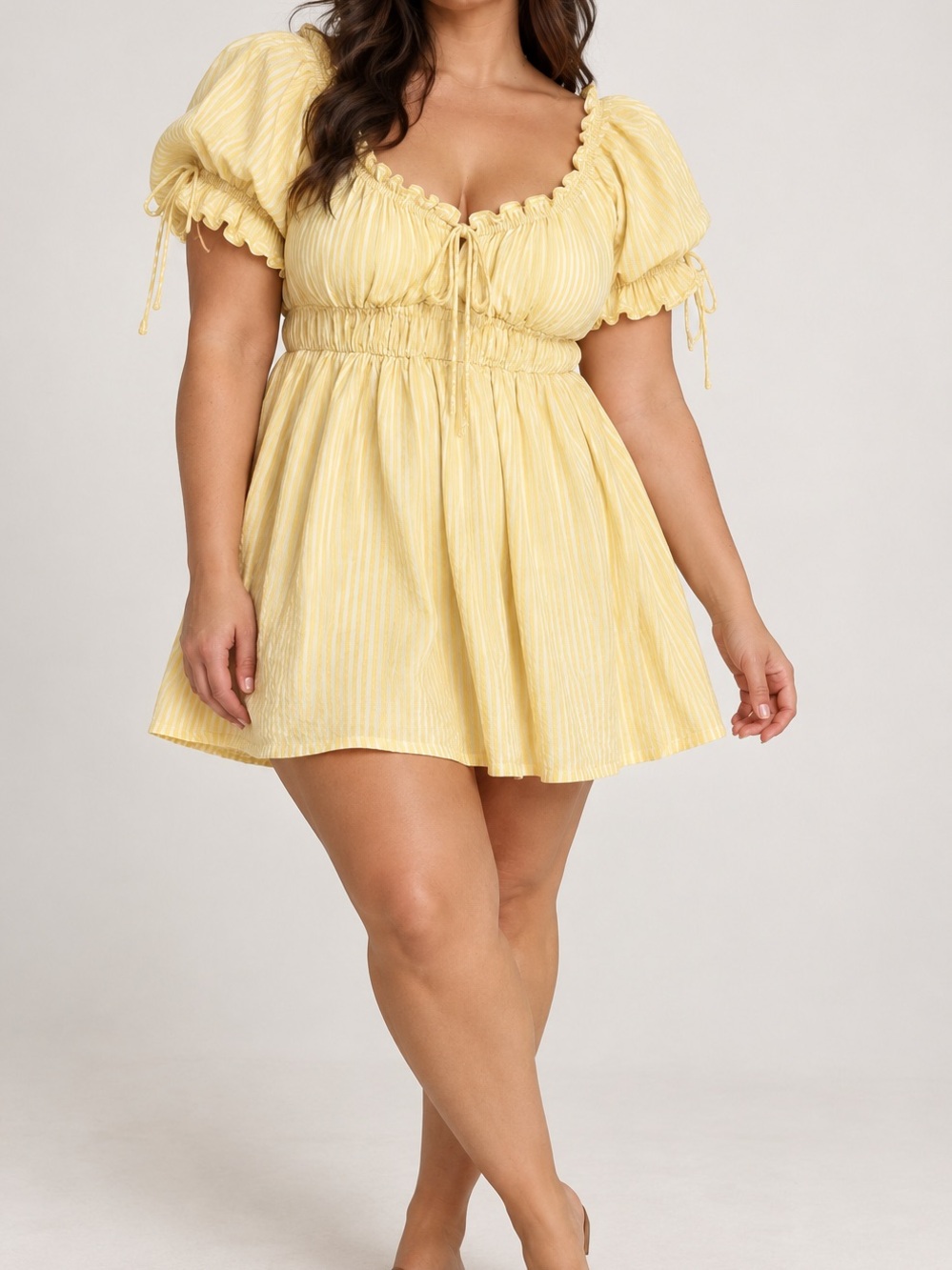 Show Me Your Mumu 1X Yellow Stripe Puff Sleeve Babydoll Mini Dress